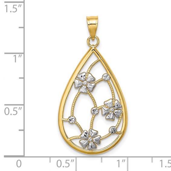 14k and White Rhodium Flowers In Teardrop Frame Charm