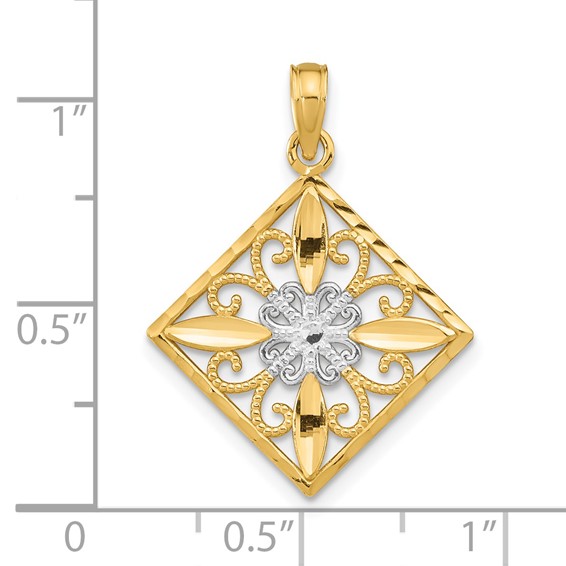 14K and White Rhodium Flower and Cross Square Charm