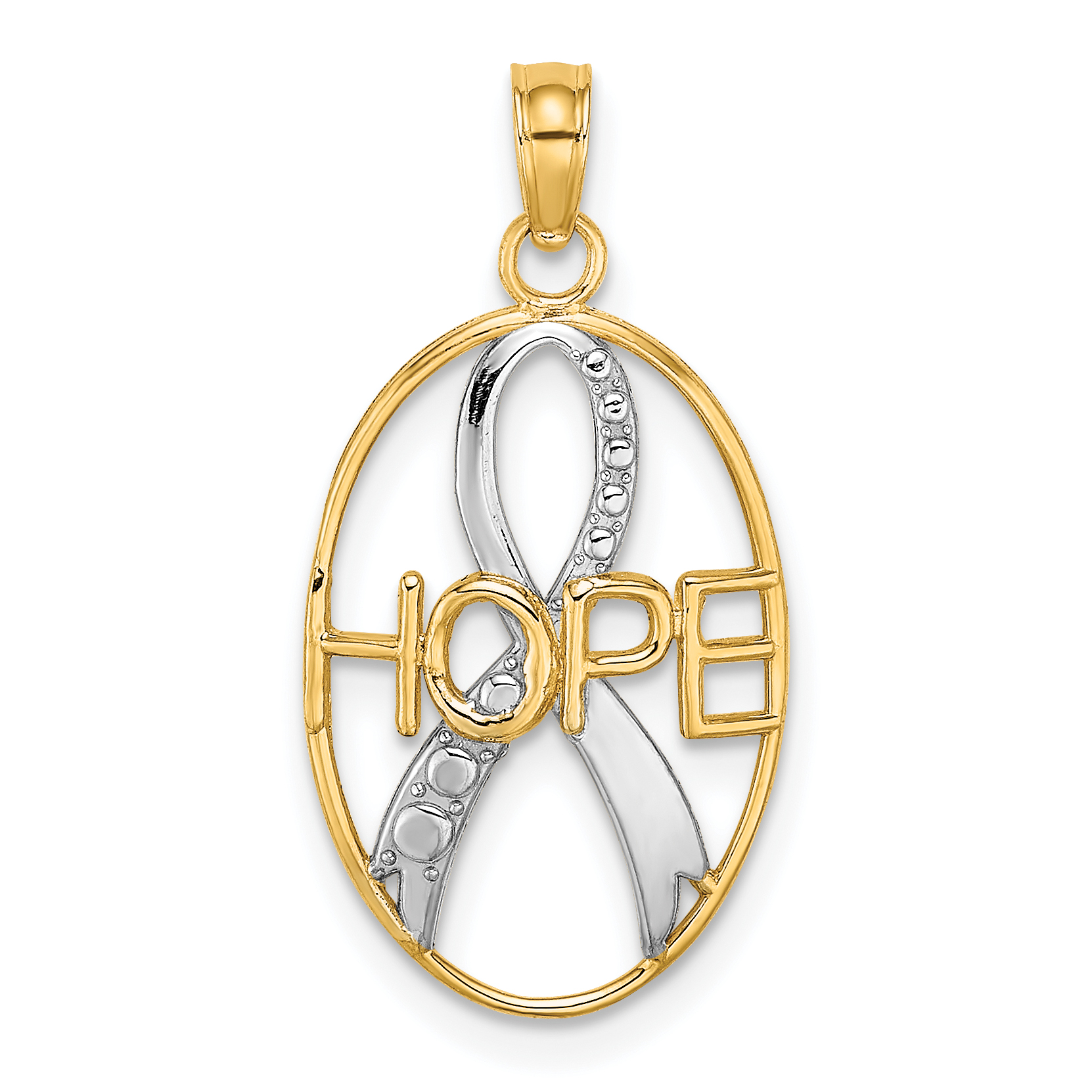 14k and White Rhodium Textured HOPE Awareness Ribbon in Oval Charm ...