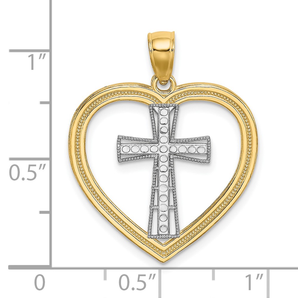 14K & White Rhodium Heart W/White Cross In Center Charm (K9494)