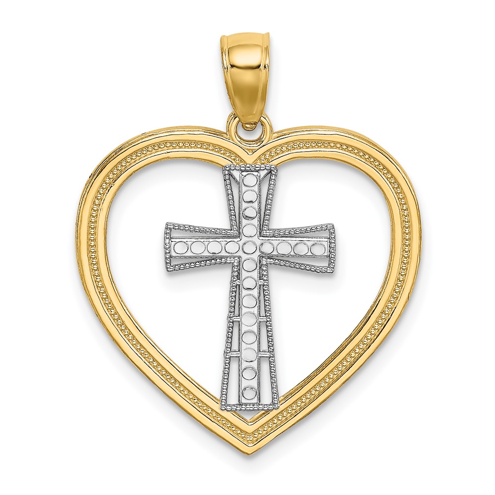 14K & White Rhodium Heart W/White Cross In Center Charm (K9494)