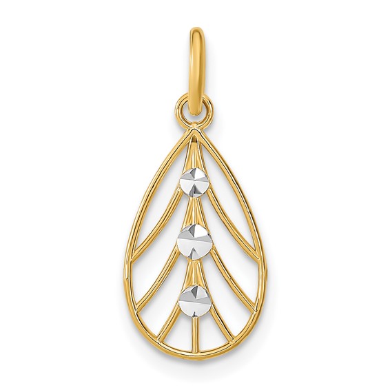 14K and White Rhodium Diamond-cut Small Teardrop Charm
