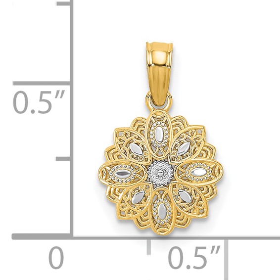 14K and White Rhodium Diamond-cut Mini Filigree Flower Charm