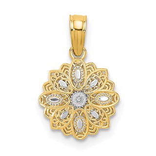 14K and White Rhodium Diamond-cut Mini Filigree Flower Charm