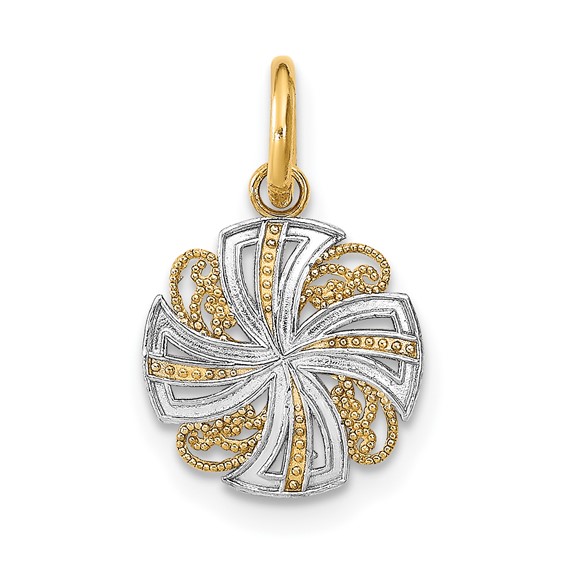 14K and White Rhodium Diamond-cut Mini Pinwheel Medallion Charm