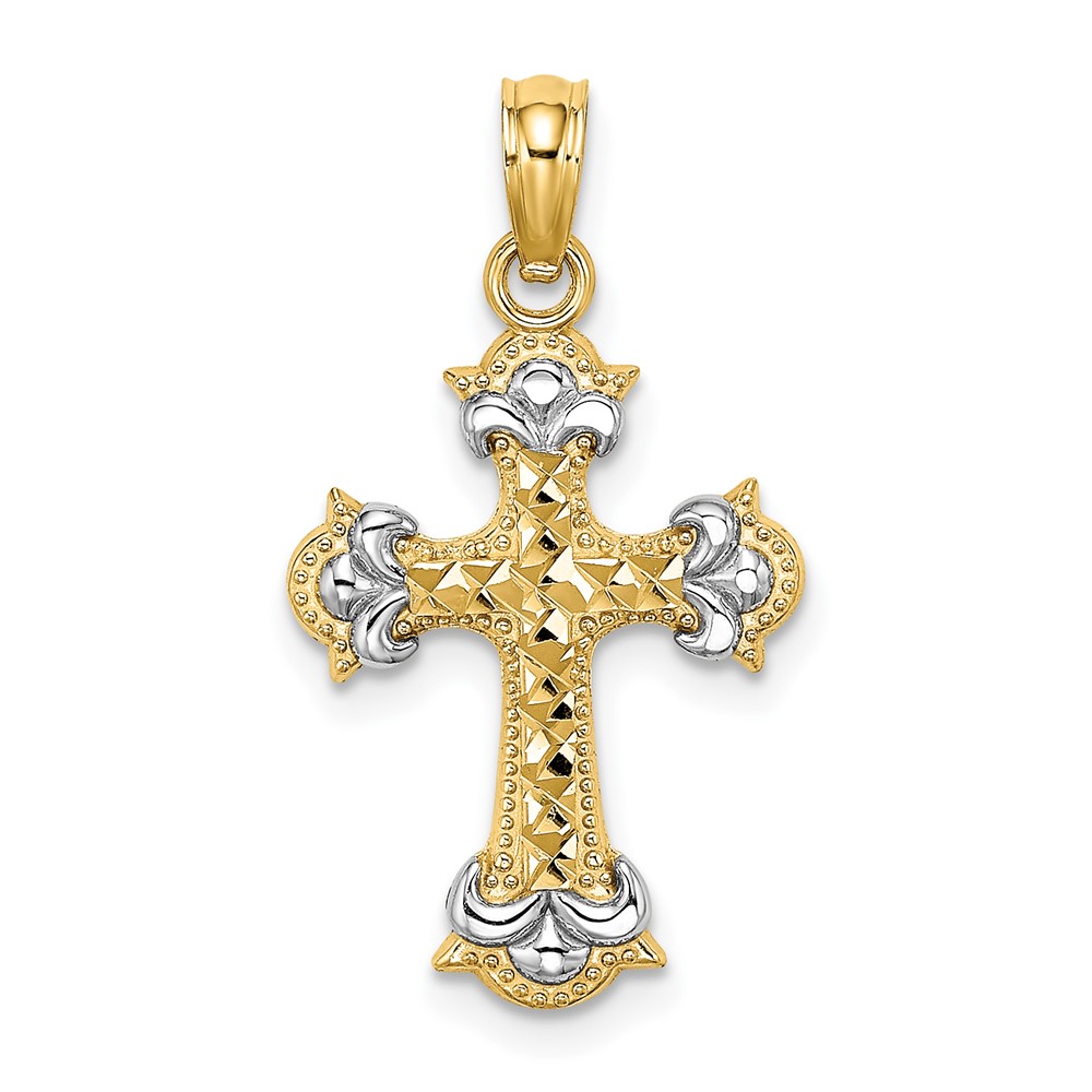 14K Charm with Rhodium Diamond-cut Fleur-De-Lis Cross