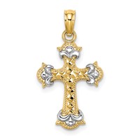 14K Charm with Rhodium Diamond-cut Fleur-De-Lis Cross view 1