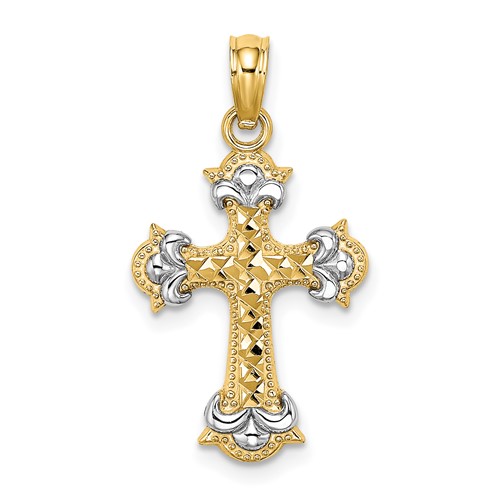 14K Charm with Rhodium Diamond-cut Fleur-De-Lis Cross