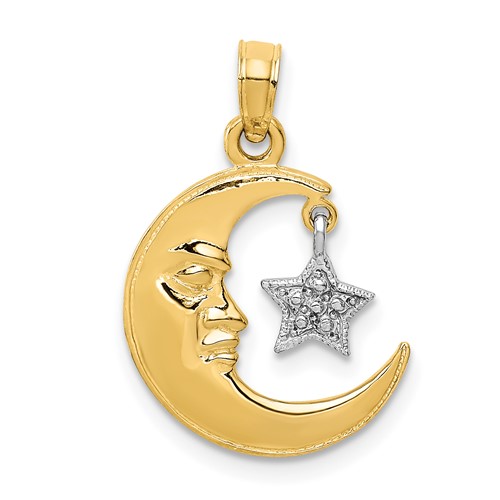 14K Two-Tone Polished Half Moon and Dangle Star Pendant