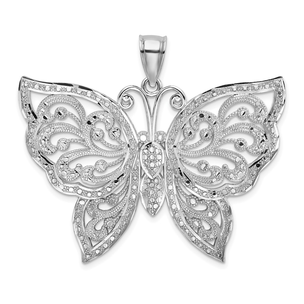 14K White Gold Large Diamond-cut Beaded Butterfly Pendant