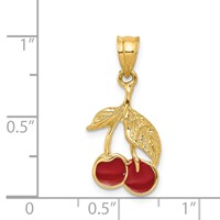 14K Yellow Gold Polished Red Enameled Cherries Pendant view 4