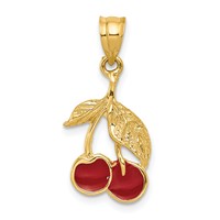 14K Yellow Gold Polished Red Enameled Cherries Pendant view 1