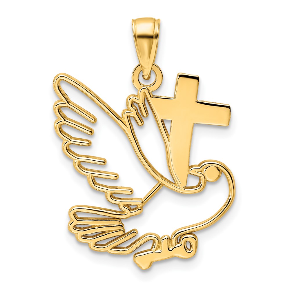 14K Polished Dove and Cross Pendant (K9820)