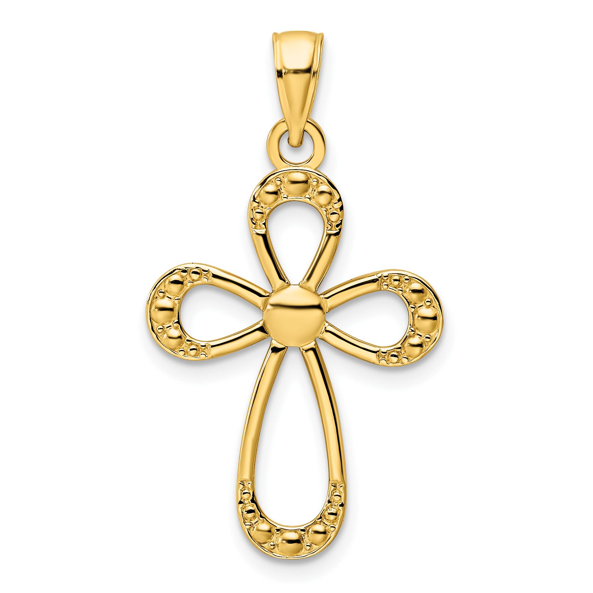 14K Polished Beaded Cross Pendant (K9856)