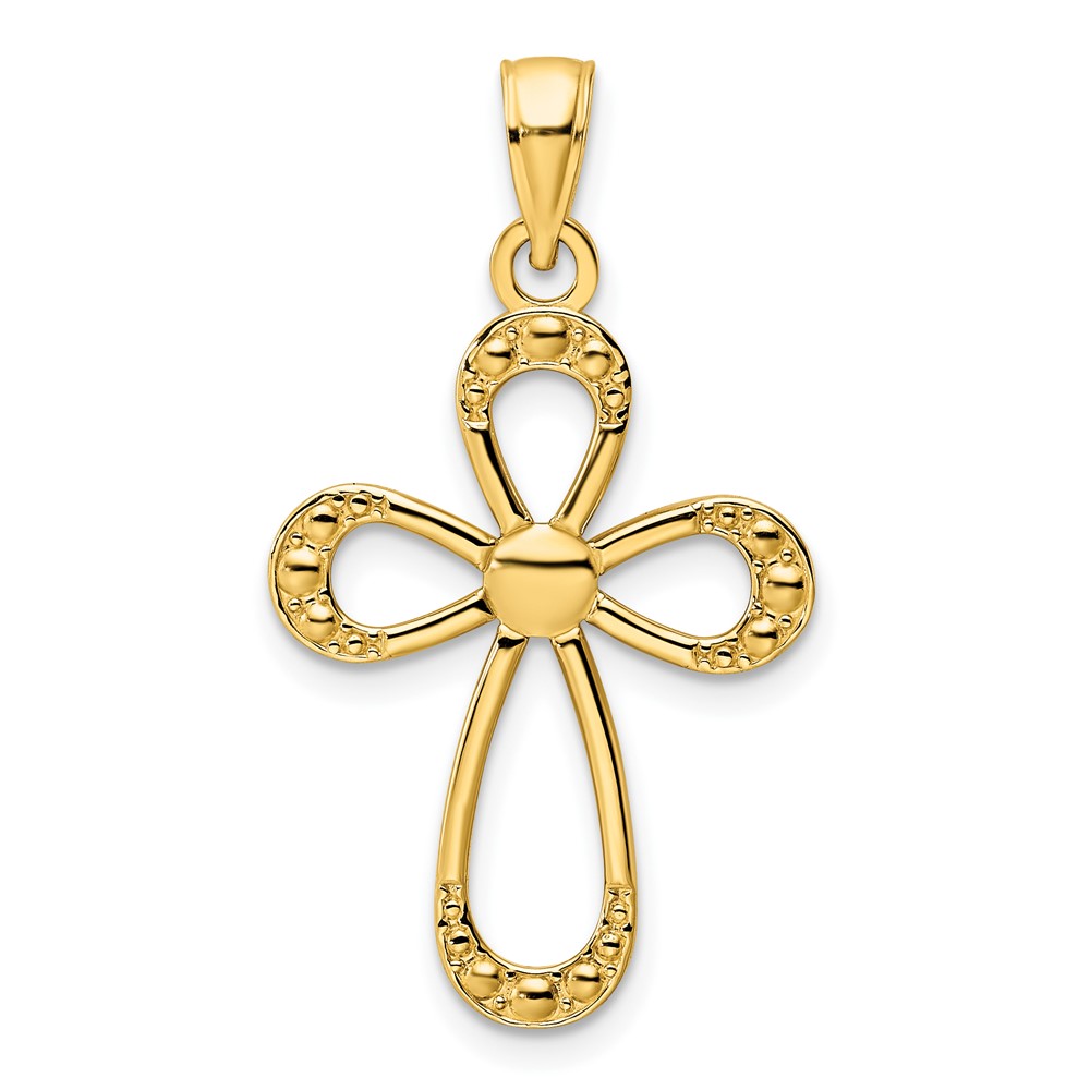 14K Polished Beaded Cross Pendant (K9856)