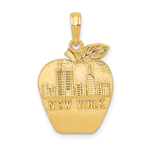 14K Yellow Gold Solid New York Skyline on Small Apple Pendant