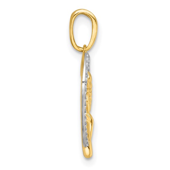 14k with White Rhodium Polished Flower On Heart Pendant