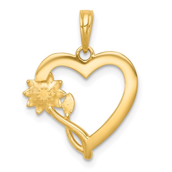14k with White Rhodium Polished Flower On Heart Pendant