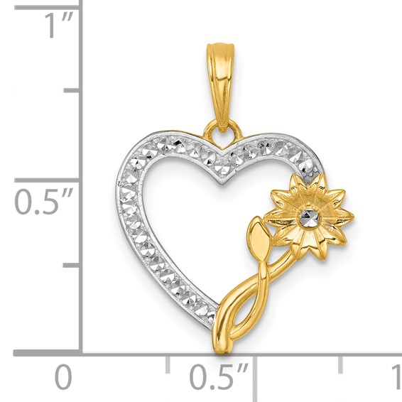 14k with White Rhodium Polished Flower On Heart Pendant