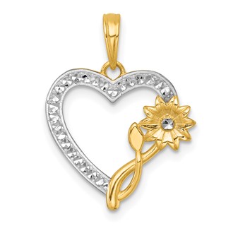 14k with White Rhodium Polished Flower On Heart Pendant