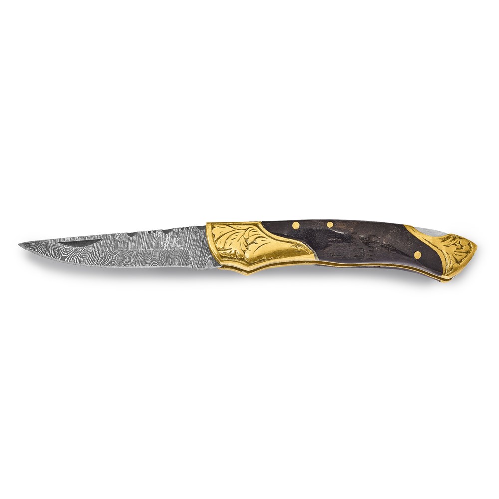 Damascus Steel 256 Layer Folding Blade Brass Guard Ram Horn Handle Knife