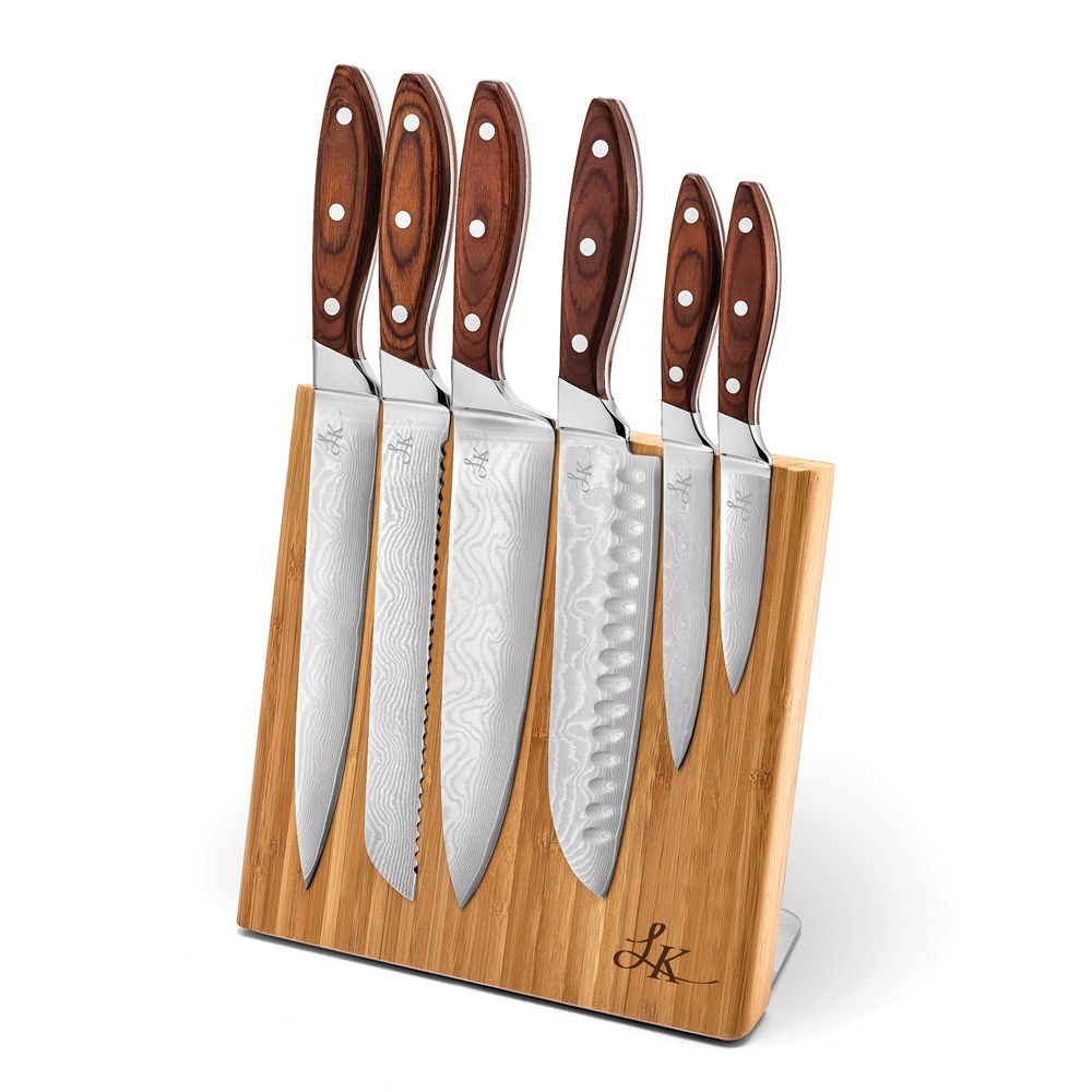 Bamboo Magnetic Knife Block w/6 Damascus Steel Knives