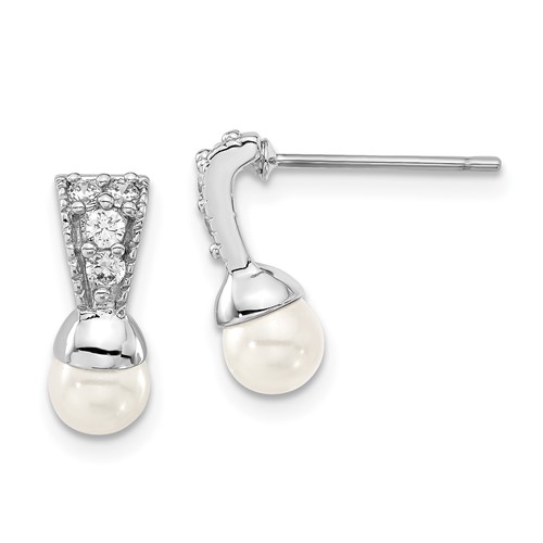 Kelly Waters Silver-tone Rhodium-plated White Simulated Pearl & CZ Post Dangle Earrings