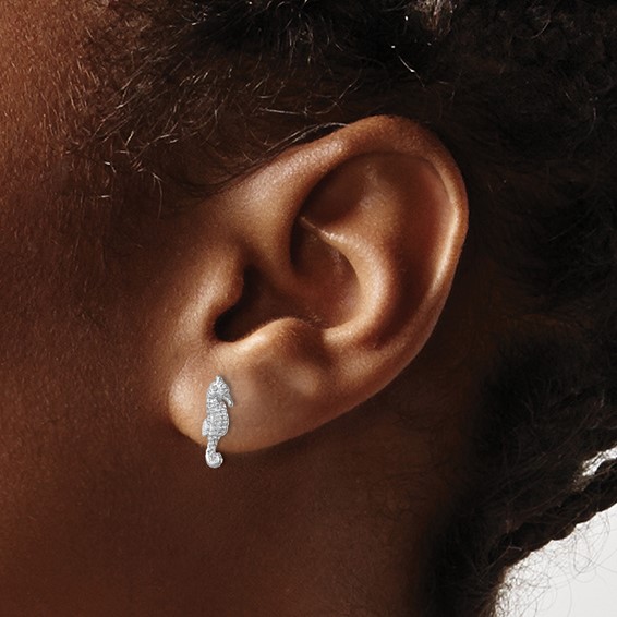 Sterling Silver Rhodium-plated Polished Seahorse Post Earring