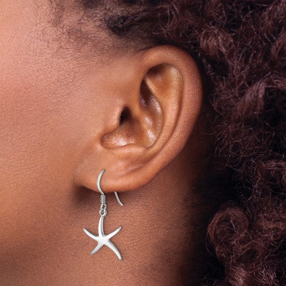 Sterling Silver Rhodium-plated Polished Starfish Dangle Earring