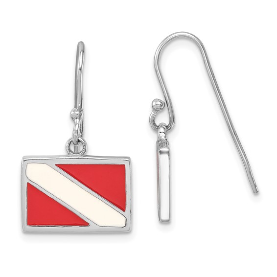 Sterling Silver Rhodium-plated Polished Enameled Dive Flag Dangle Earring