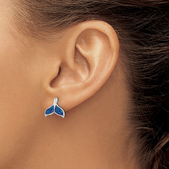 Sterling Silver Rhodium-plated Polished Enameled Whale's Tail Dangle Earrings