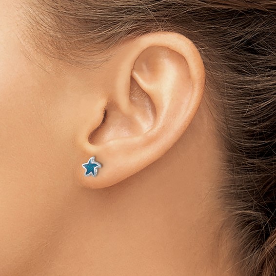 Sterling Silver Rhodium-plated Polished Enameled Starfish Post Earring