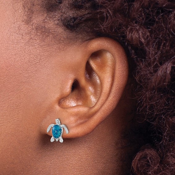 Sterling Silver Rhodium-plated Enameled Polished Turtle Post Earring