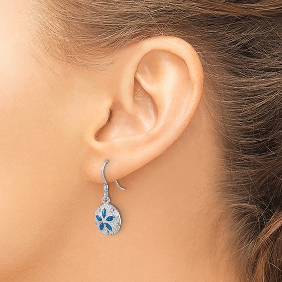 Sterling Silver Rhodium-plated Polished and Textured Enameled Sand Dollar Dangle Earring