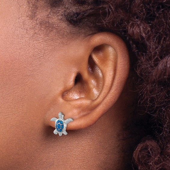 Sterling Silver Rhodium-plated Enameled Polished Turtle Post Earring