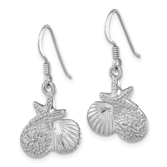 "Sterling Silver Rhodium-plated Polished Starfish, Sand Dollar & Shell Dangle Earring"