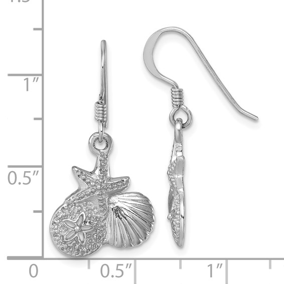 "Sterling Silver Rhodium-plated Polished Starfish, Sand Dollar & Shell Dangle Earring"