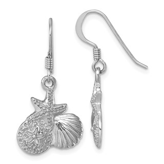 "Sterling Silver Rhodium-plated Polished Starfish, Sand Dollar & Shell Dangle Earring"