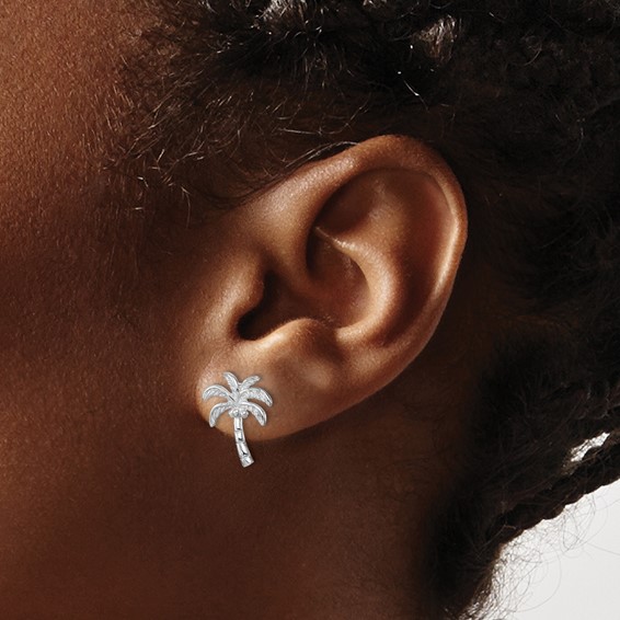 Sterling Silver Rhodium-plated Polished Palm Tree Post Earring