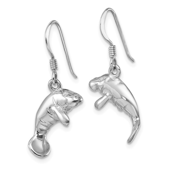 Sterling Silver Rhodium-plated Polished Manatee Dangle Earring
