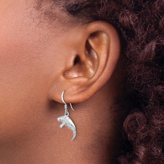 Sterling Silver Rhodium-plated Polished Manatee Dangle Earring