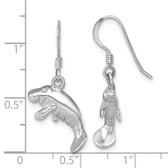 Sterling Silver Rhodium-plated Polished Manatee Dangle Earring