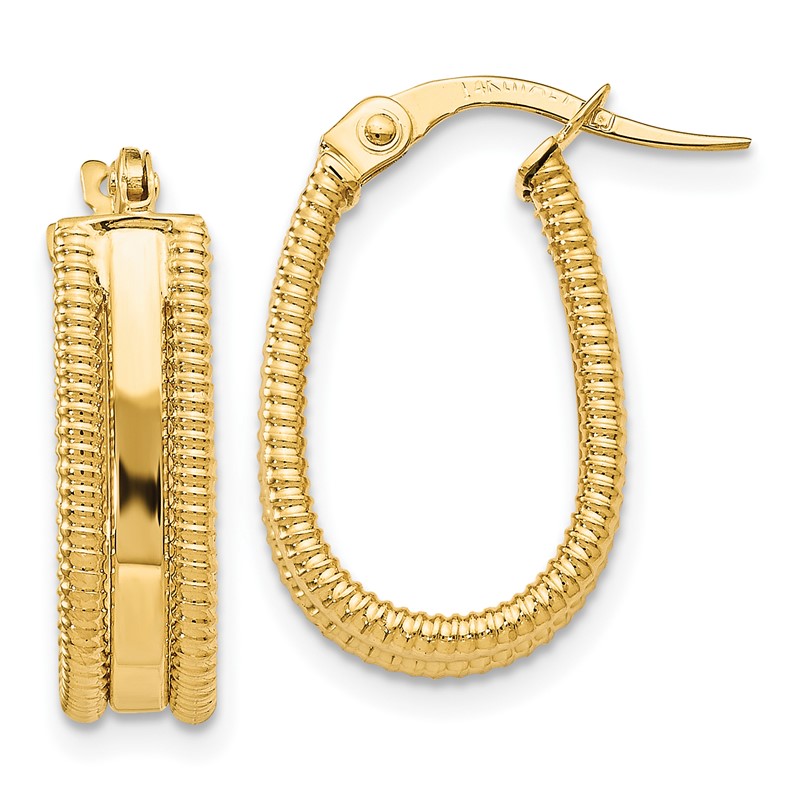 14K Polished Textured Oval Hoop Earrings