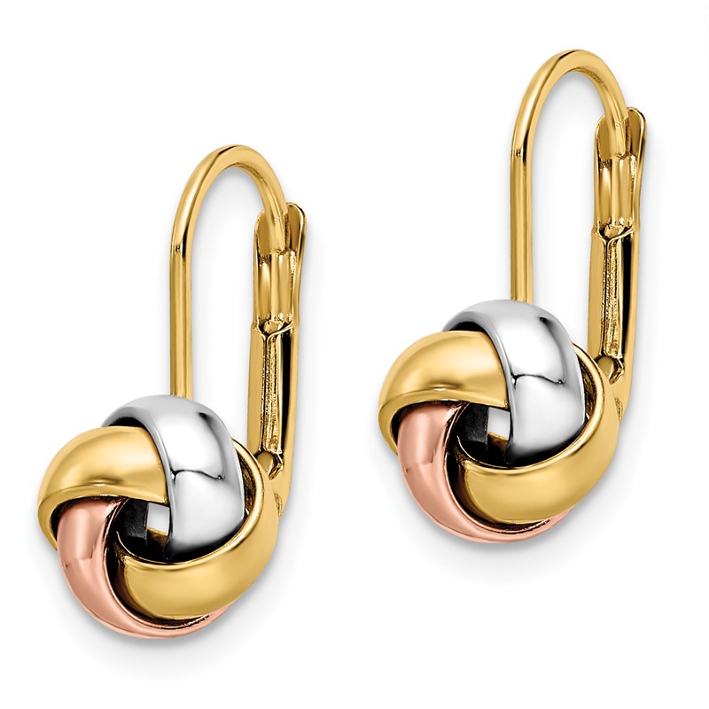 14K with White Rhodium and Rose Gold Plated Polished Love Knot Leverback Earrings