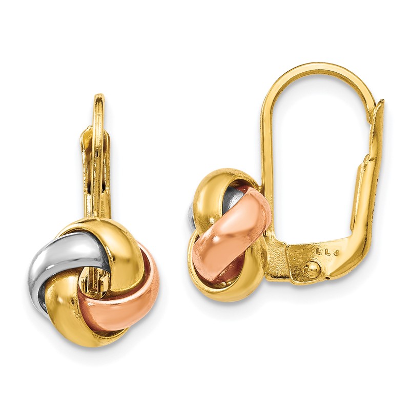 14K with White Rhodium and Rose Gold Plated Polished Love Knot Leverback Earrings