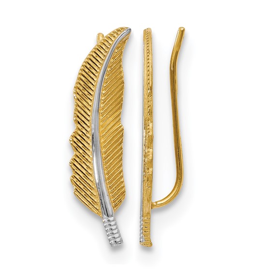 Leslie's 14K w/Rhodium Polished Feather Ear Climber Earrings