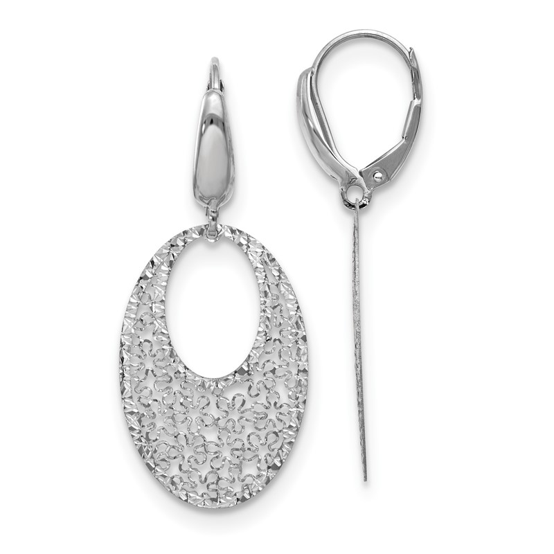 14K White Gold Polished and Textured Floral Leverback Earrings