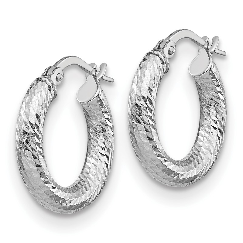 14K 3x10 with White Rhodium Plating D/C Round Hoop Earrings