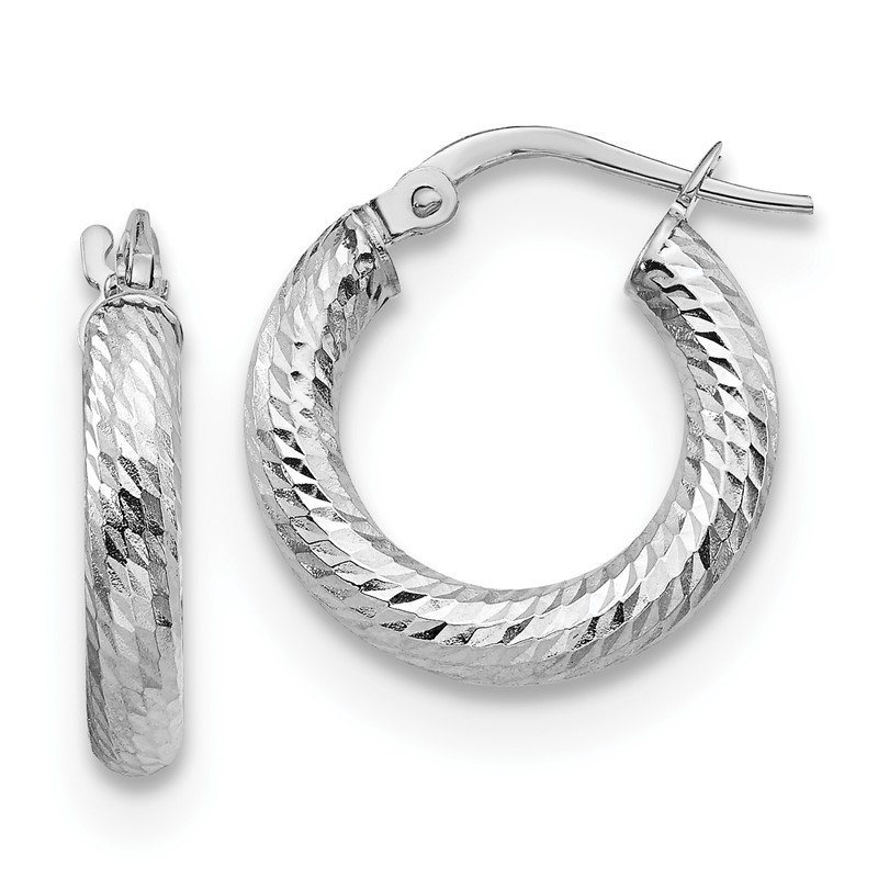 14K 3x10 with White Rhodium Plating D/C Round Hoop Earrings