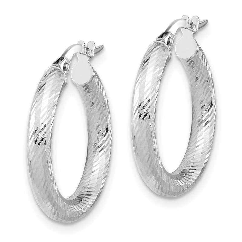 14K 3x15 with White Rhodium Plating D/C Round Hoop Earrings